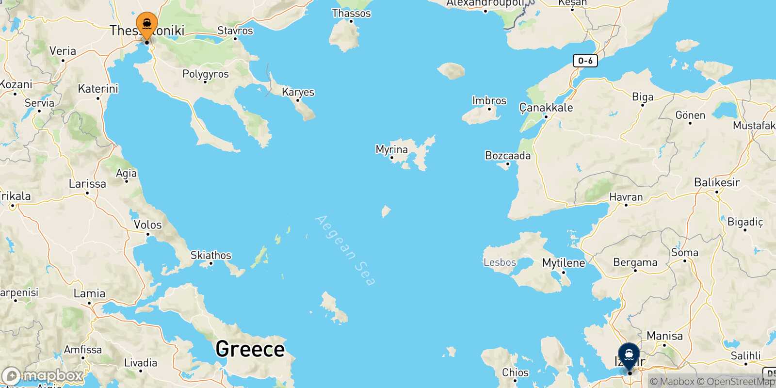 Mappa dei porti collegati con  Izmir