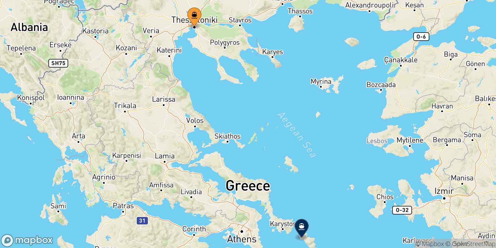 Mappa della rotta Salonicco Andros