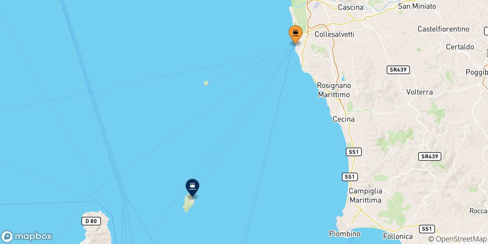 Mappa dei porti collegati con l' Isola Di Capraia