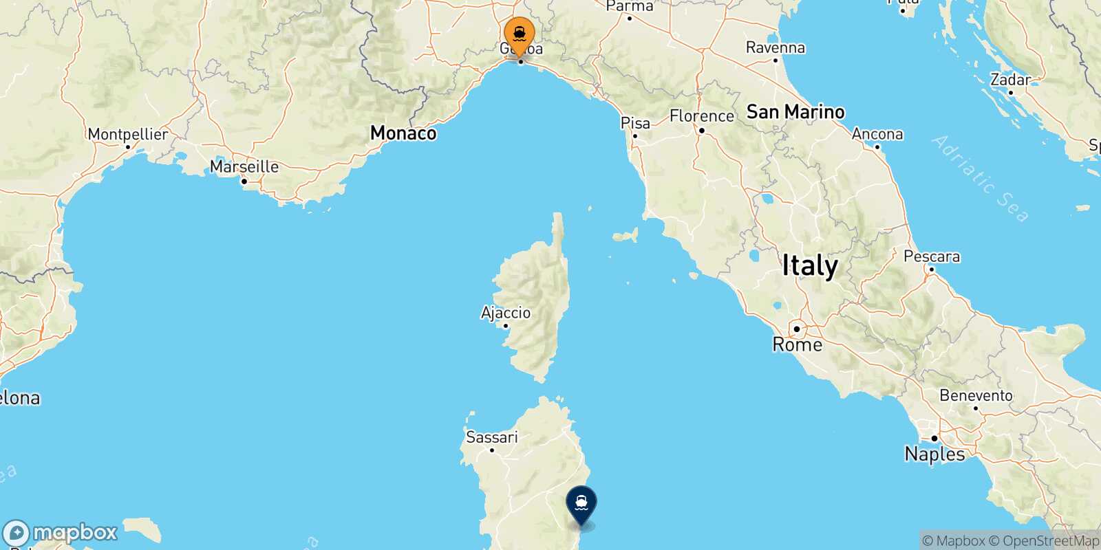 Mappa della rotta Genova Arbatax