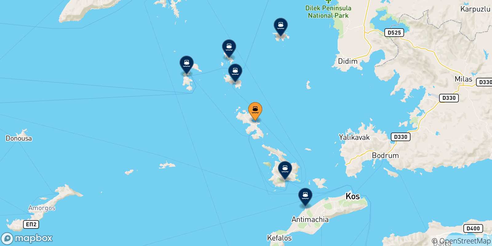Mappa delle possibili rotte tra Agia Marina (Leros) e le Isole Dodecaneso