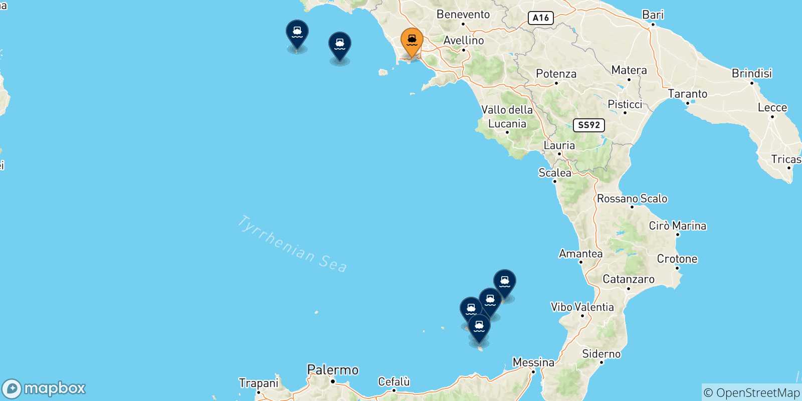 Mappa delle possibili rotte tra Napoli Mergellina e l'Italia
