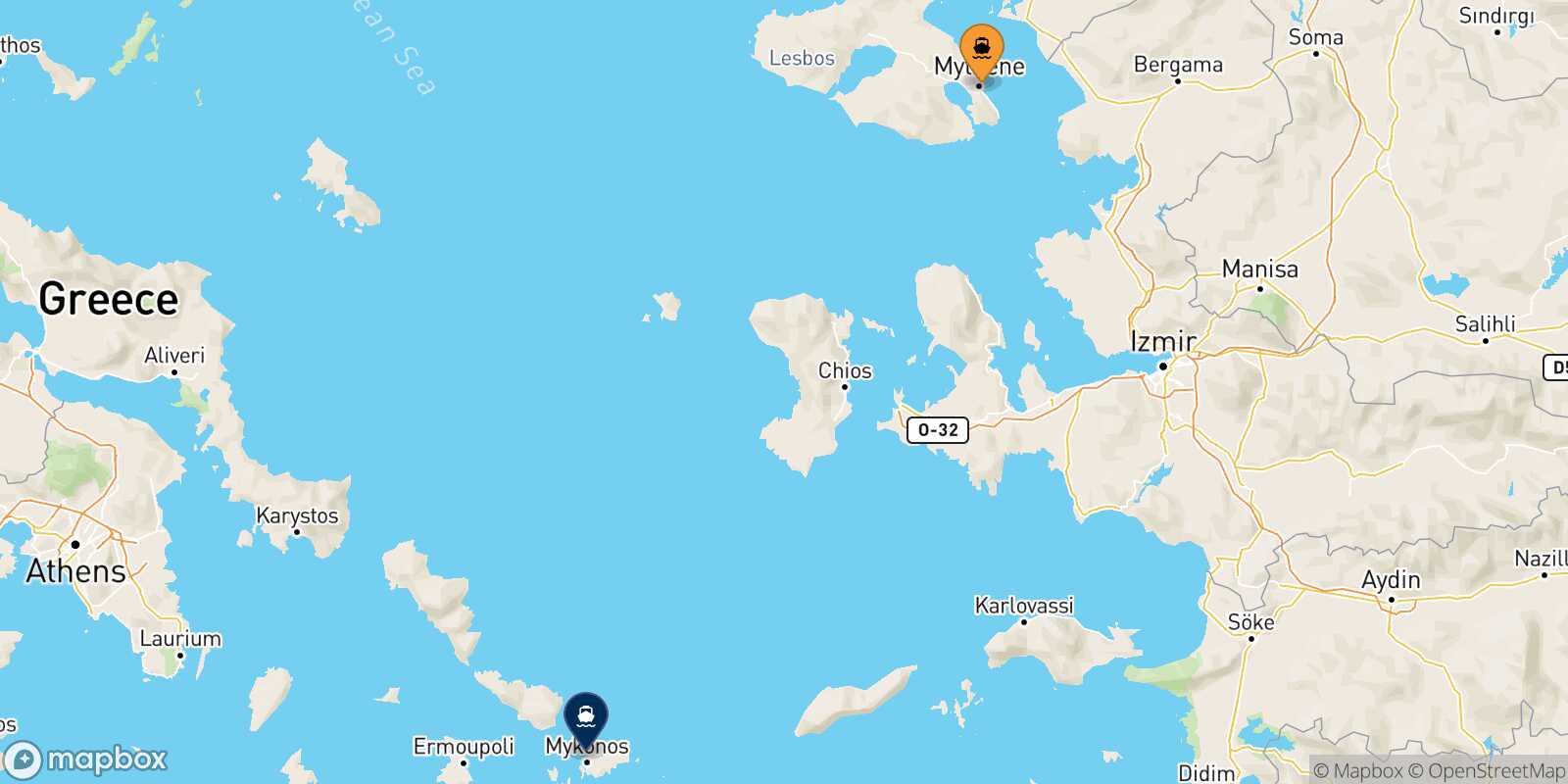 Mappa della rotta Mitilini (Lesvos) Mykonos