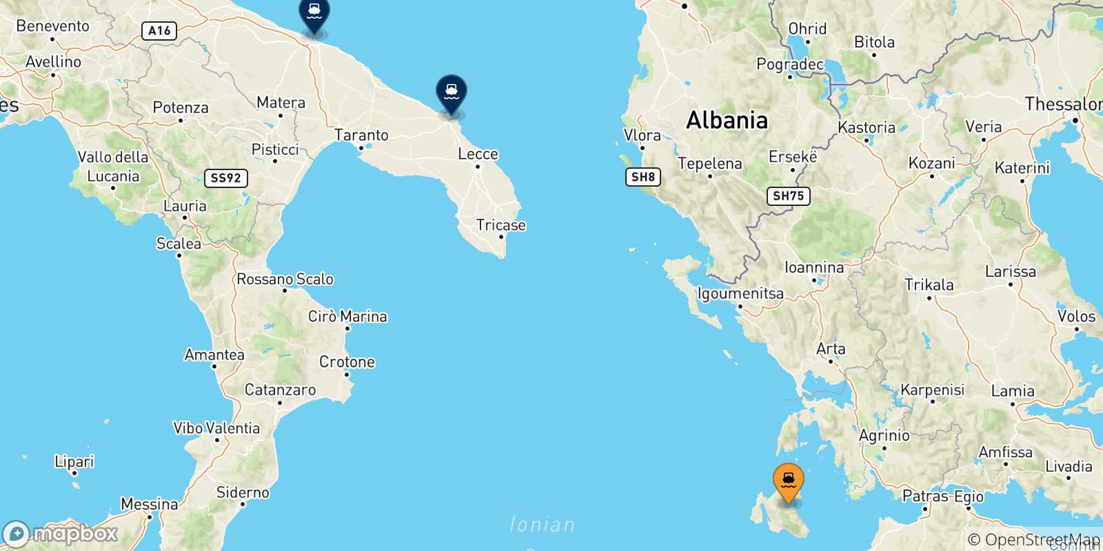 Mappa delle possibili rotte tra Sami (Cefalonia) e l'Italia
