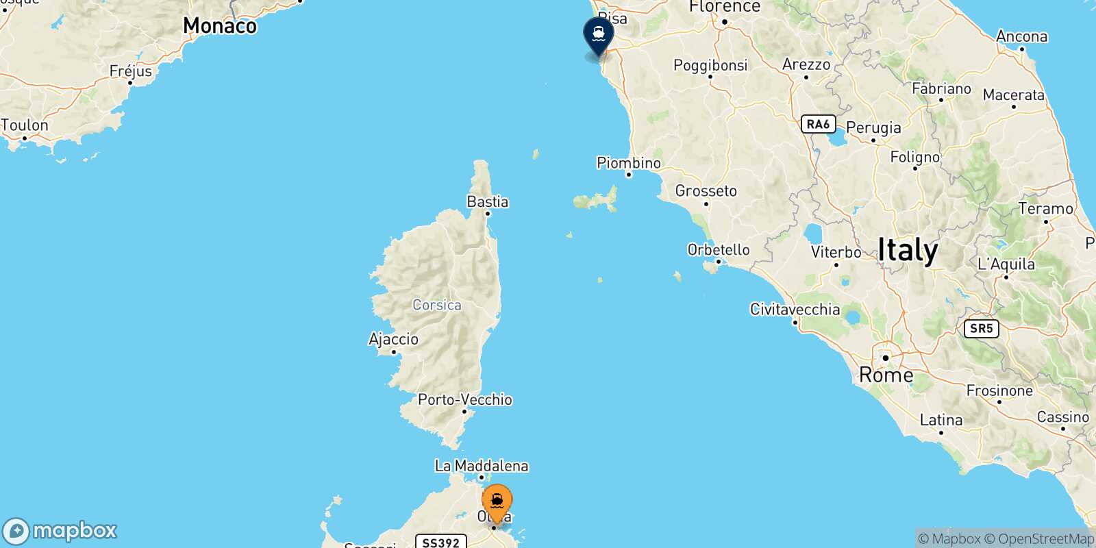 Mappa della rotta Olbia Livorno