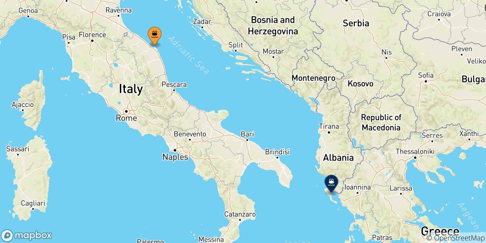 Mappa delle possibili rotte tra Ancona e le Isole Ionie