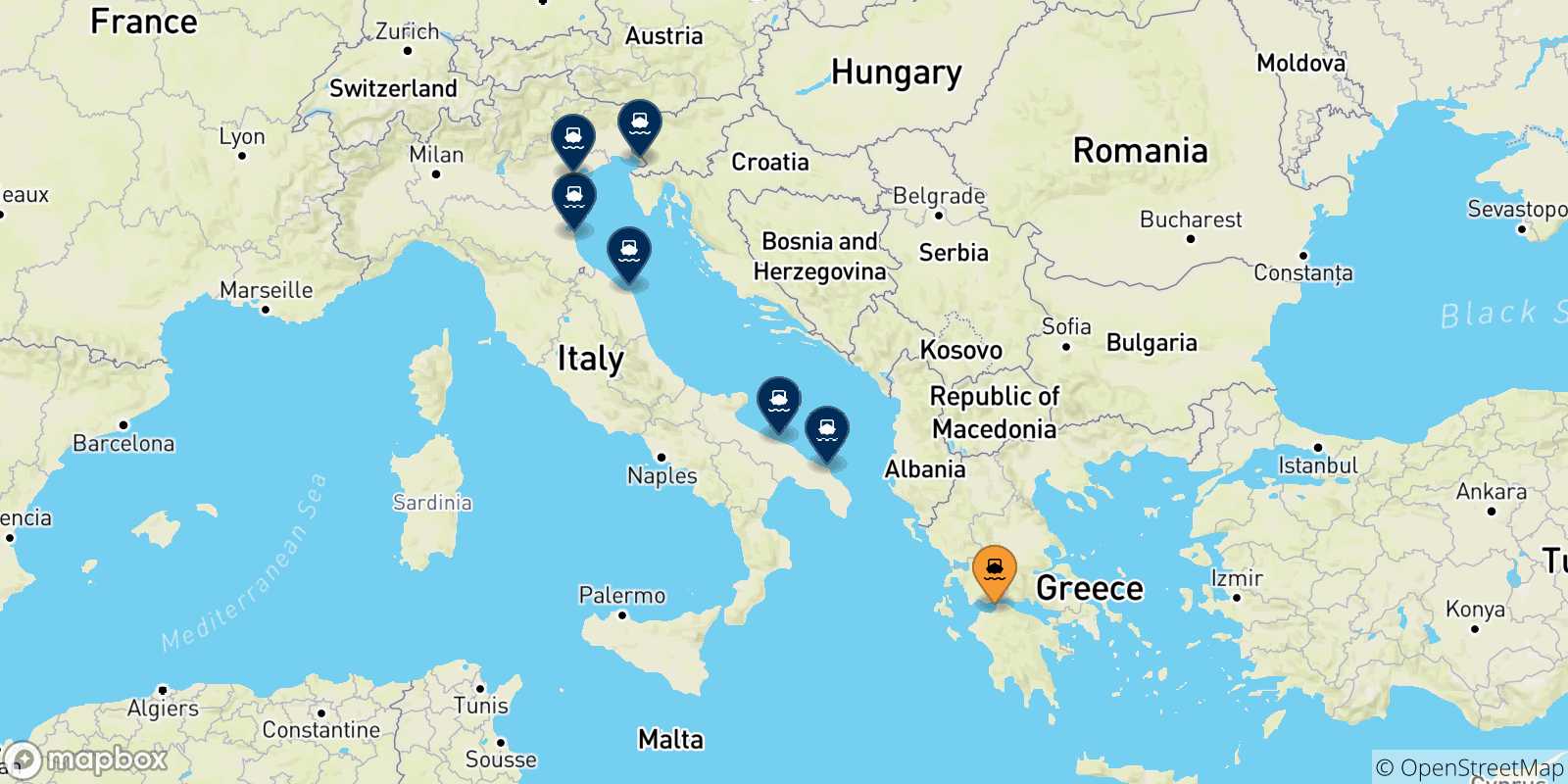 Mappa delle possibili rotte tra Patrasso e l'Italia