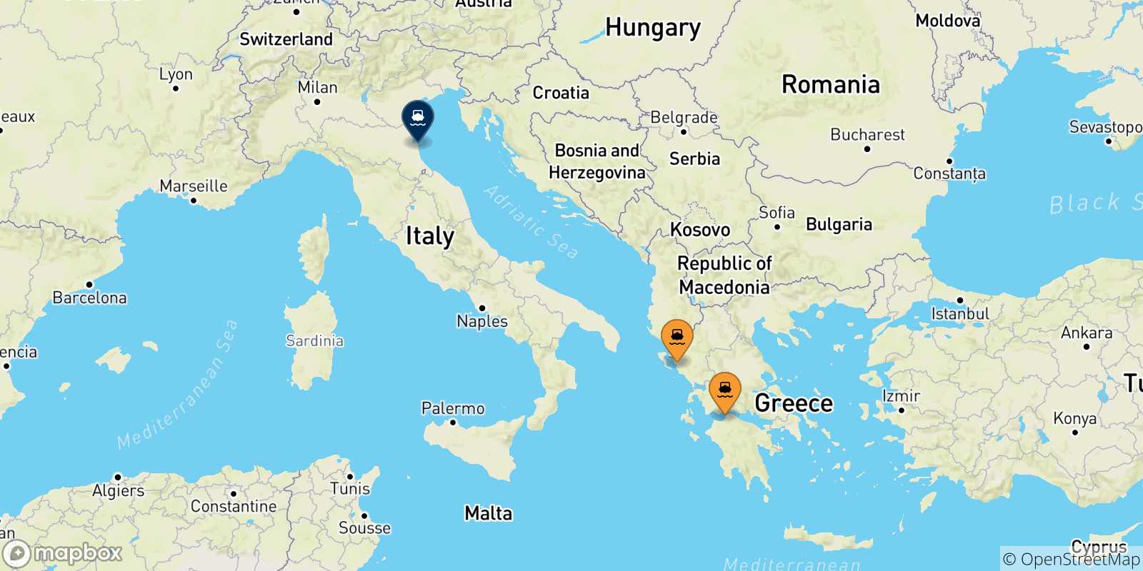 Mappa delle possibili rotte tra la Grecia e Ravenna