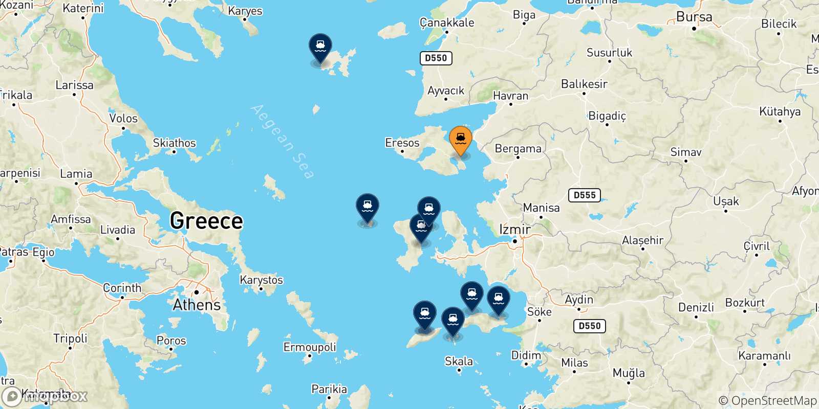 Mappa delle possibili rotte tra Mitilini (Lesvos) e le Isole Egeo Nord Orientale