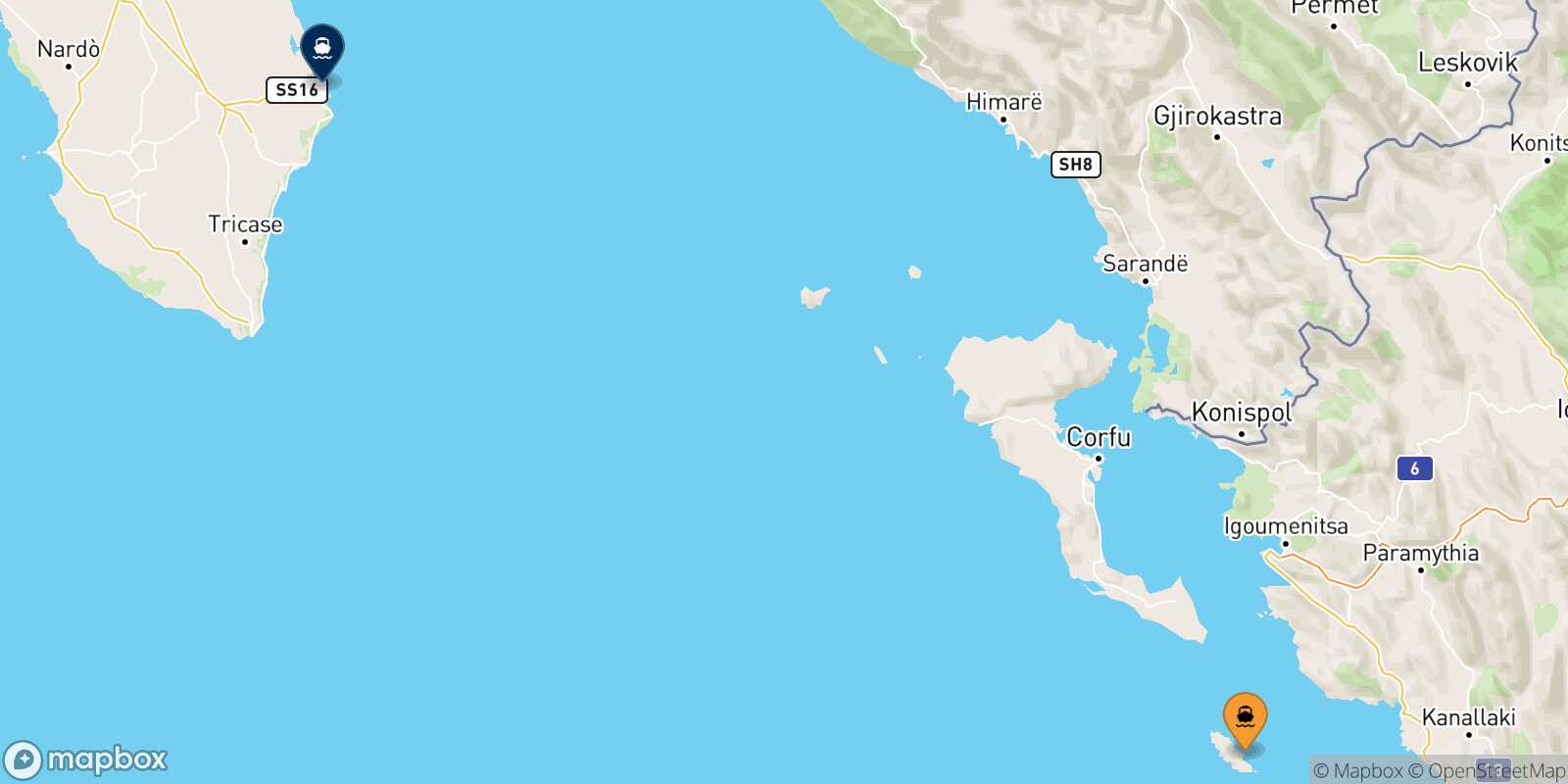 Mappa della rotta Paxos Otranto