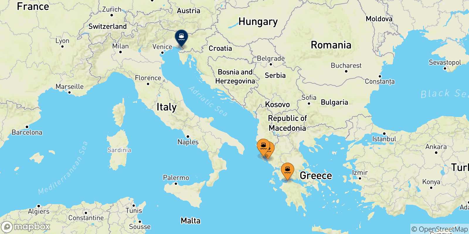 Mappa delle possibili rotte tra la Grecia e Trieste
