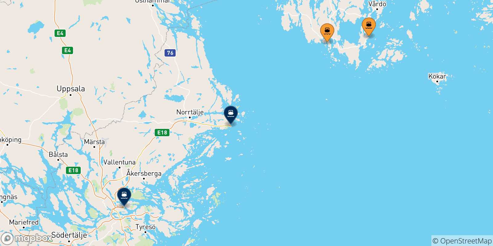 Mappa delle possibili rotte tra le Isole Aland e la Svezia