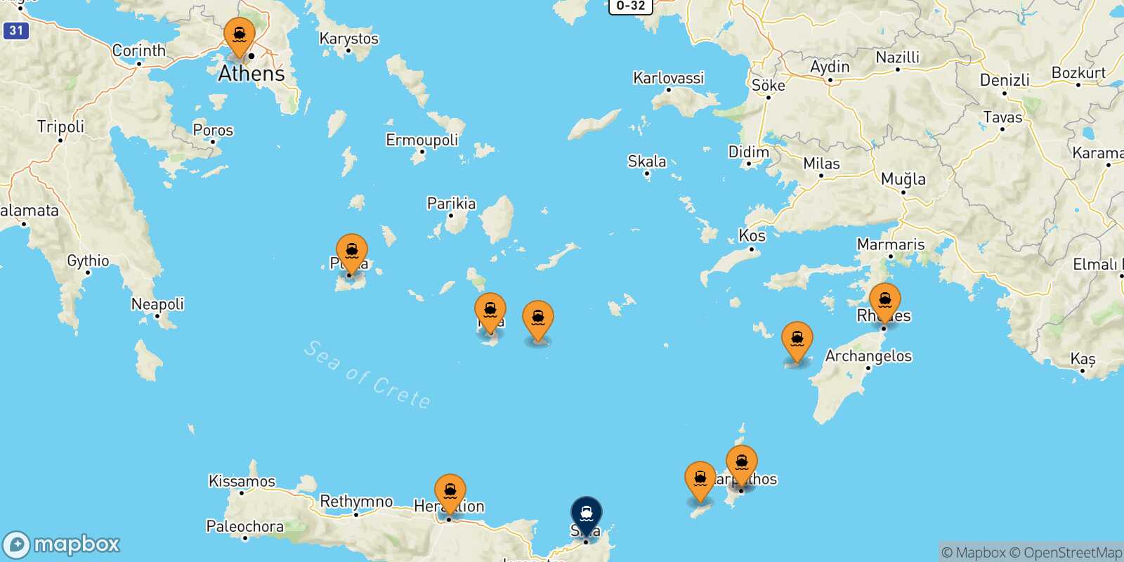 Mappa dei porti collegati con  Sitia