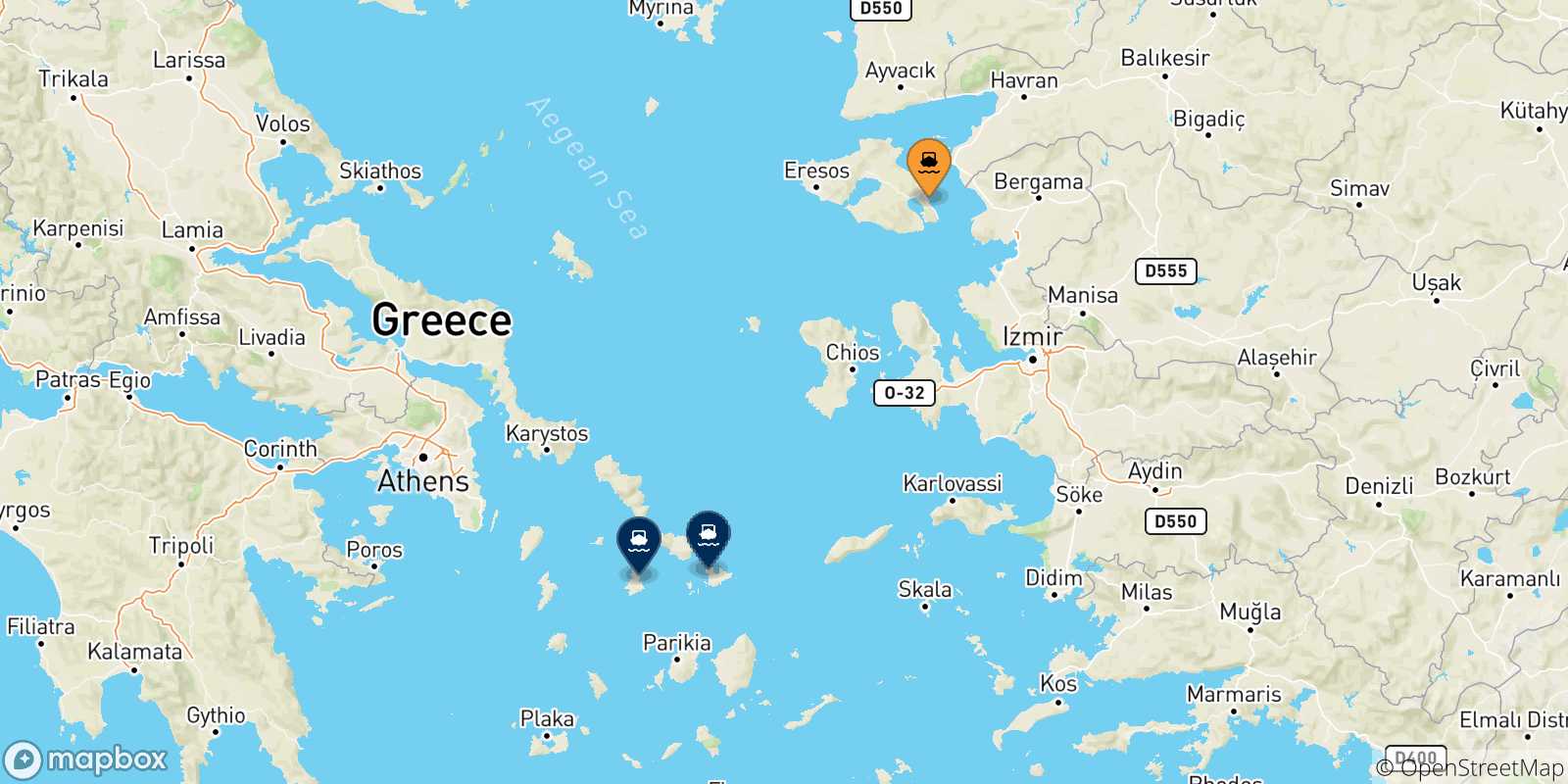Mappa delle possibili rotte tra Mitilini (Lesvos) e le Isole Cicladi
