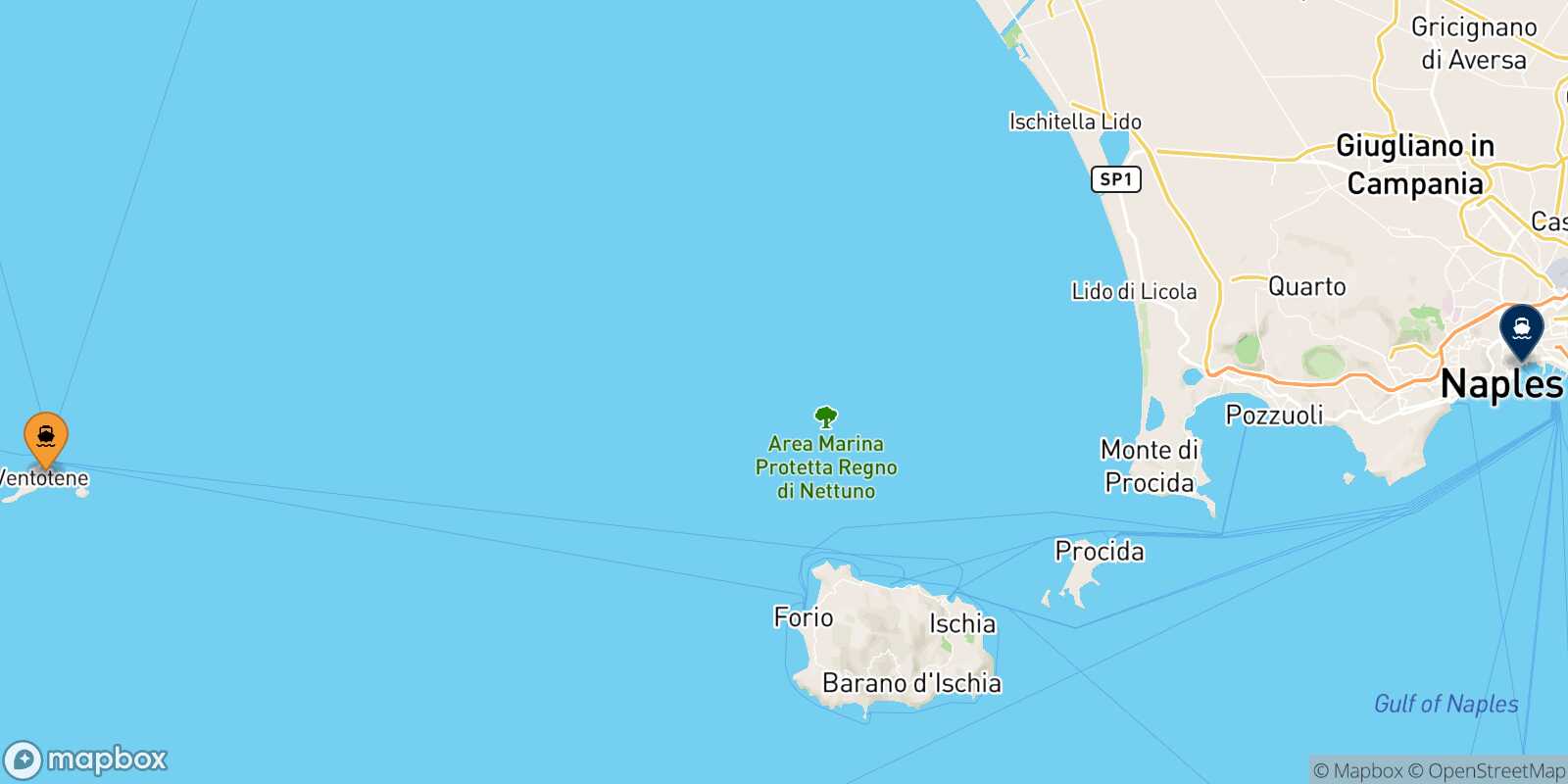 Mappa della rotta Ventotene Napoli Beverello