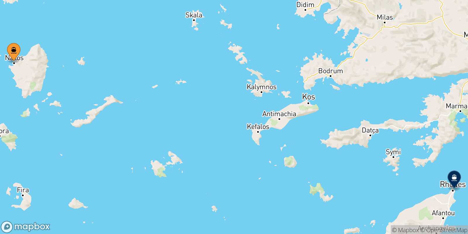 Mappa della rotta Naxos Rodi