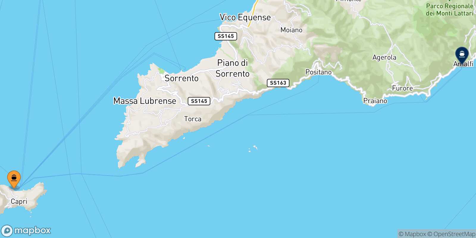 Mappa della rotta Capri Amalfi