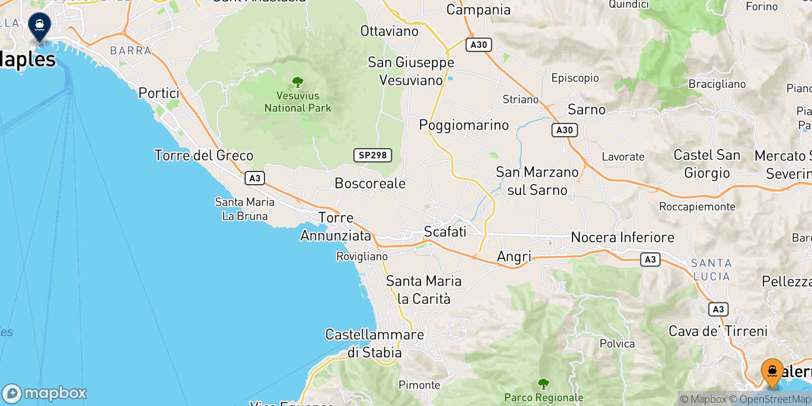 Mappa della rotta Salerno Napoli Beverello