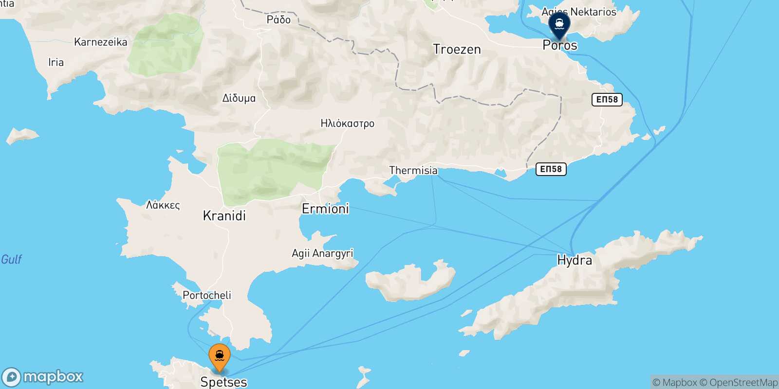 Mappa della rotta Spetses Poros