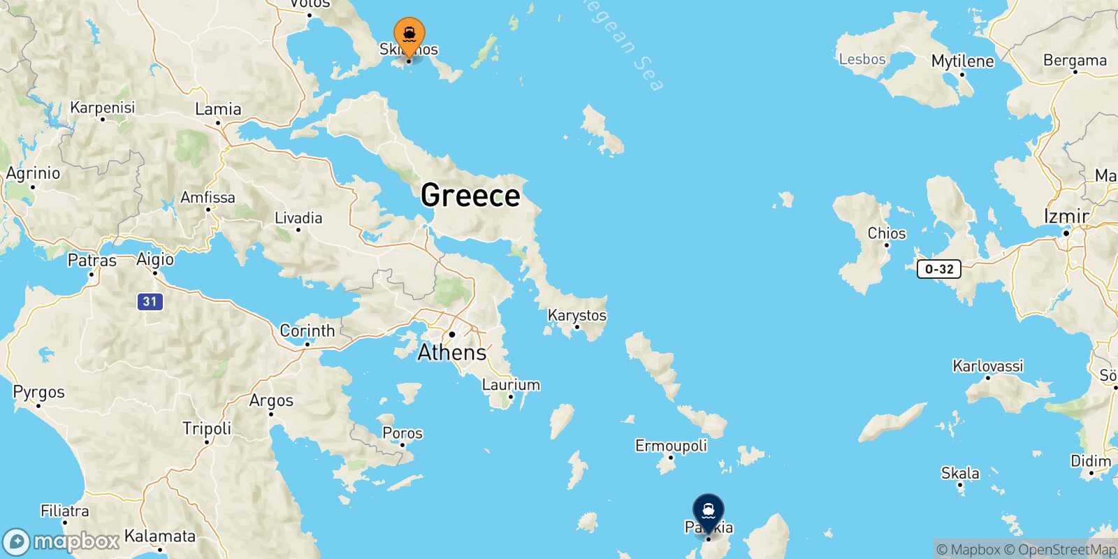 Mappa della rotta Skiathos Paros