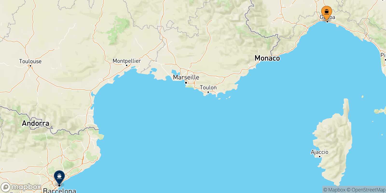 Mappa della rotta Genova Barcellona