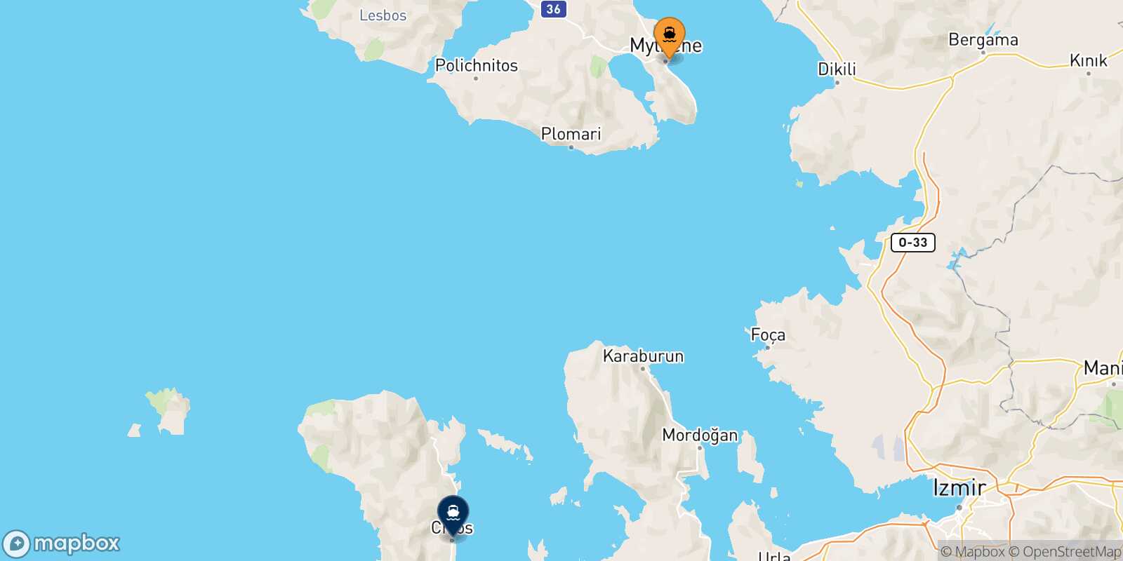 Mappa della rotta Mitilini (Lesvos) Chios