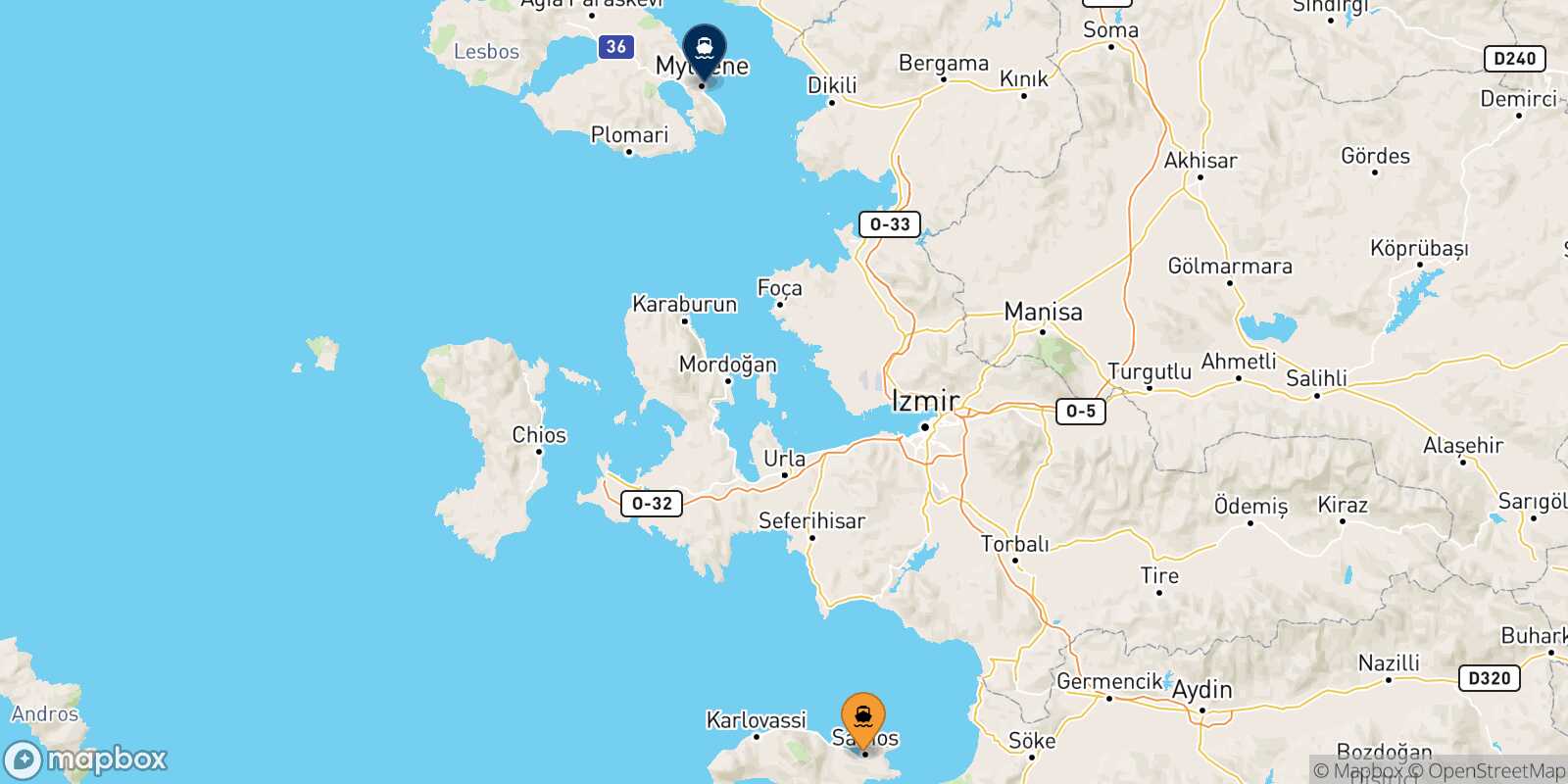 Mappa della rotta Vathi (Samos) Mitilini (Lesvos)