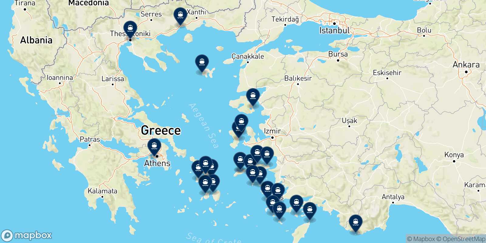 Mappa delle destinazioni raggiungibili da Evdilos (Ikaria)