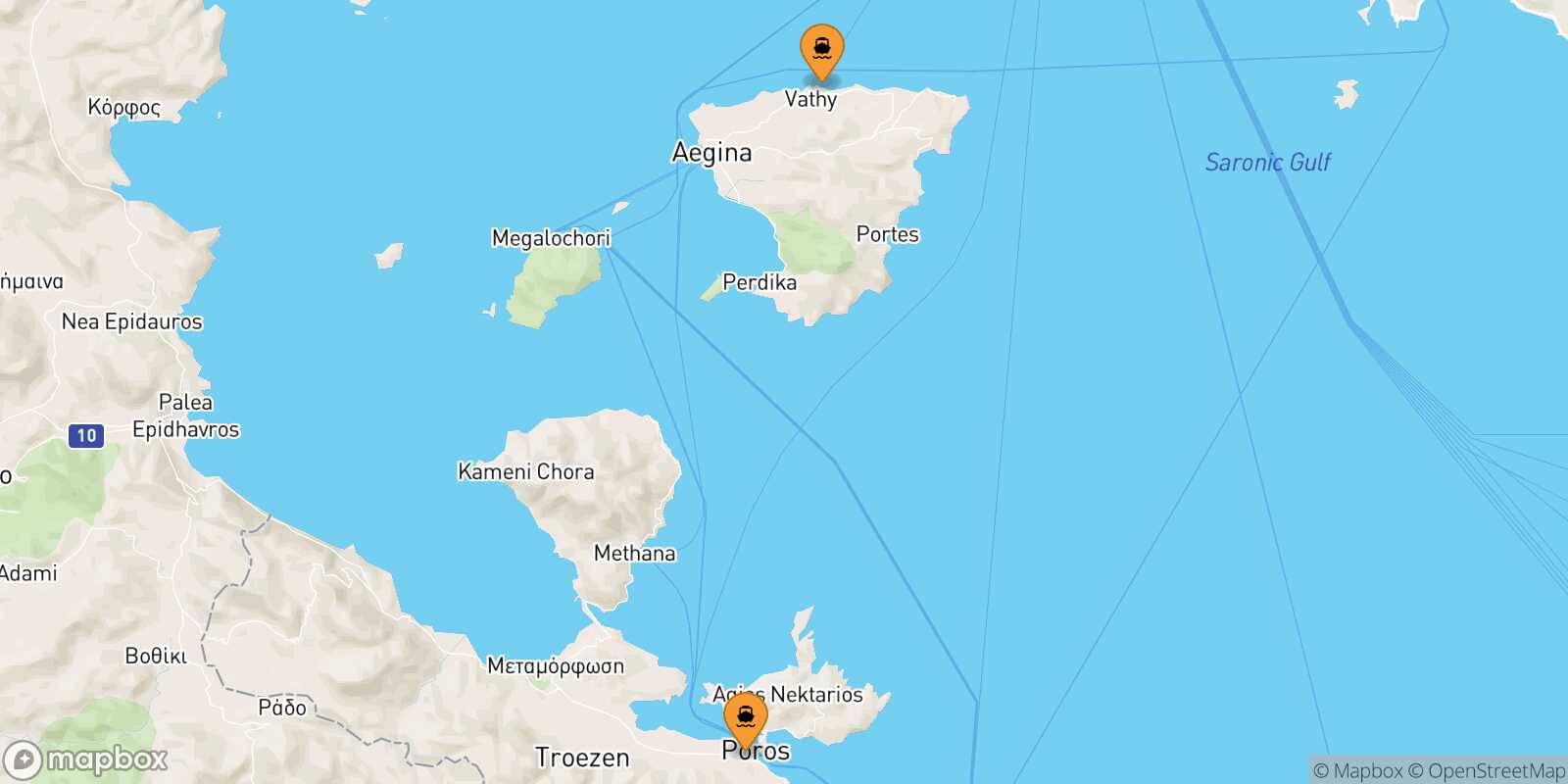 Mappa dei porti collegati con  Agia Marina (Aegina)