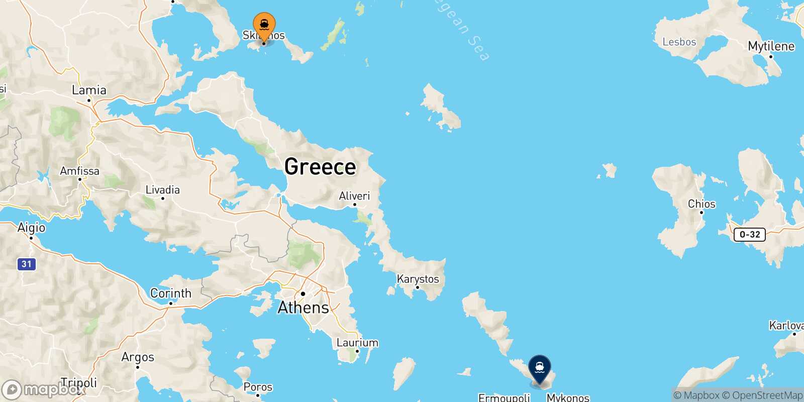 Mappa dei porti collegati con  Tinos