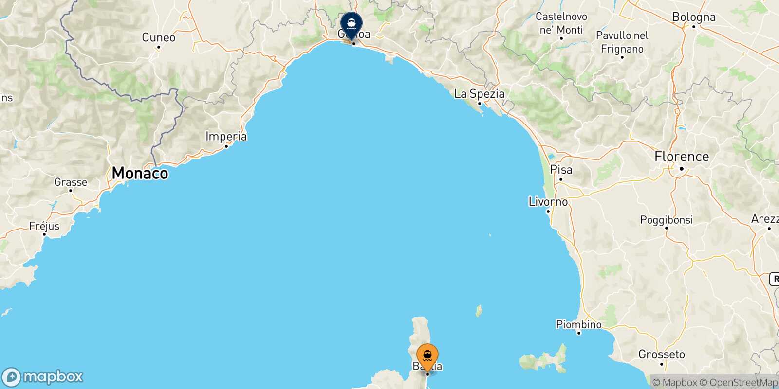 Mappa della rotta Bastia Genova