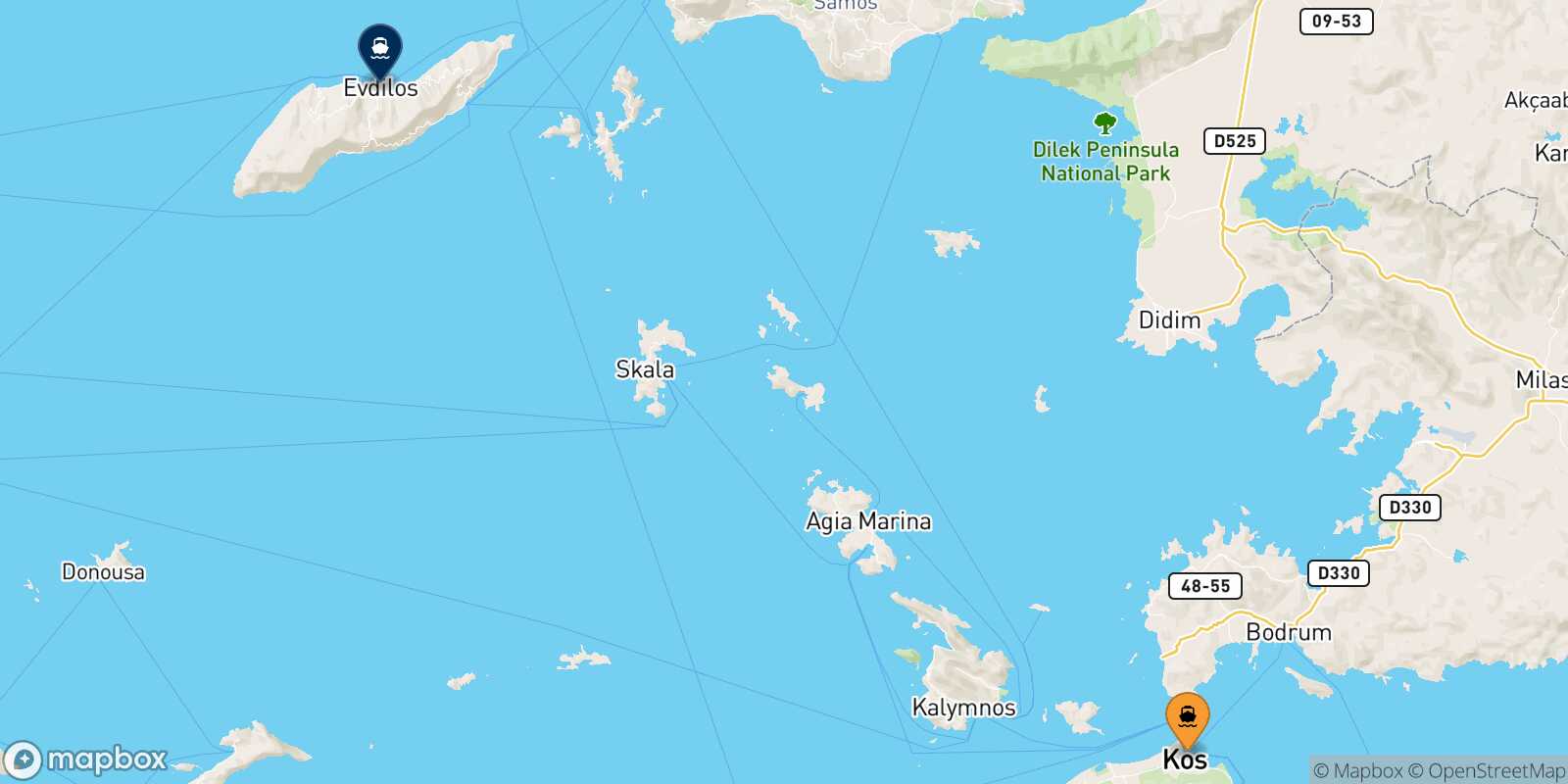 Mappa della rotta Kos Agios Kirikos (Ikaria)