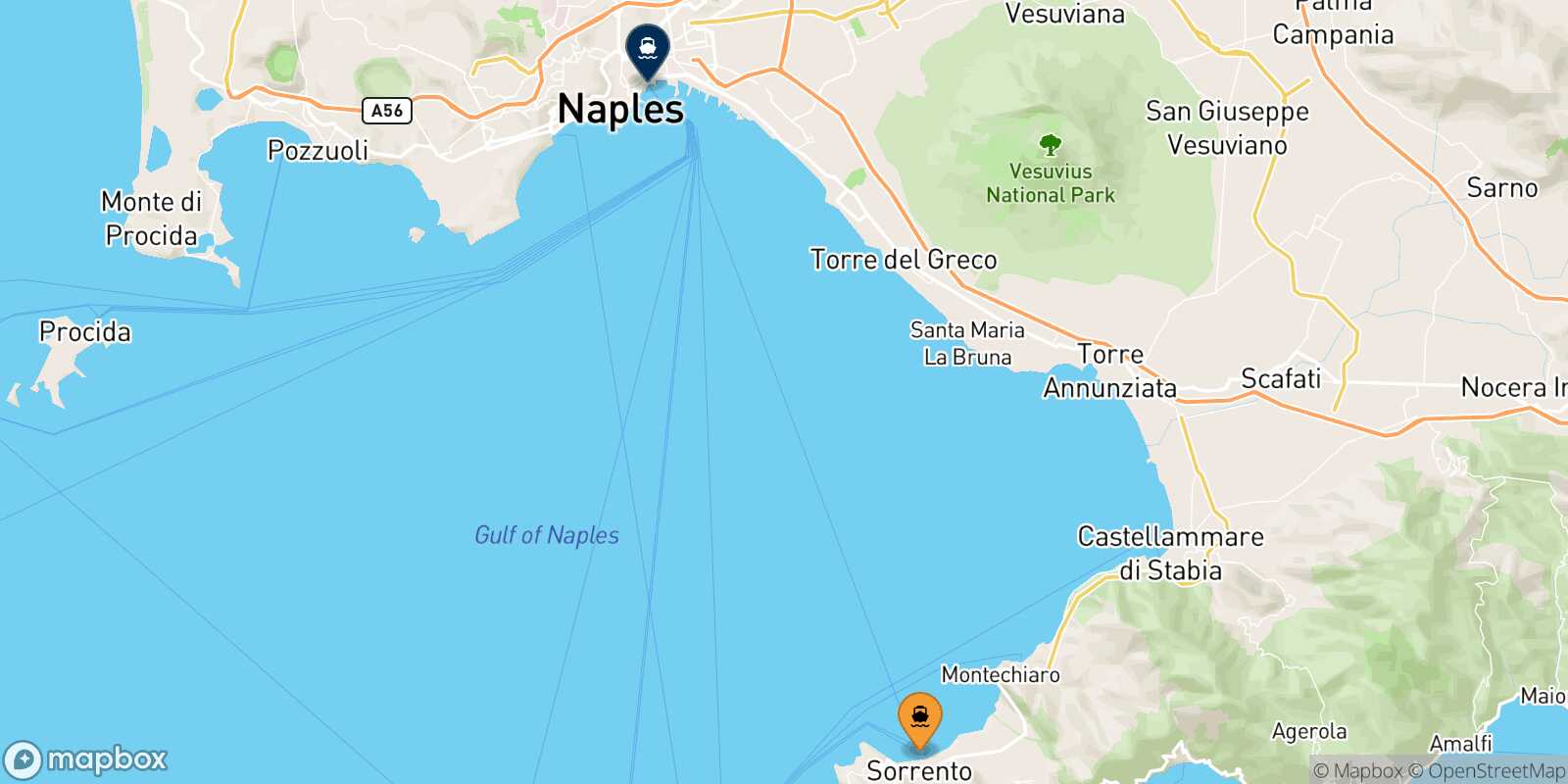 Mappa della rotta Sorrento Napoli Beverello