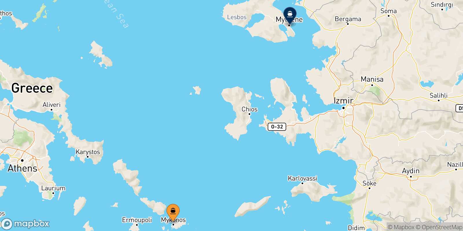 Mappa della rotta Mykonos Mitilini (Lesvos)
