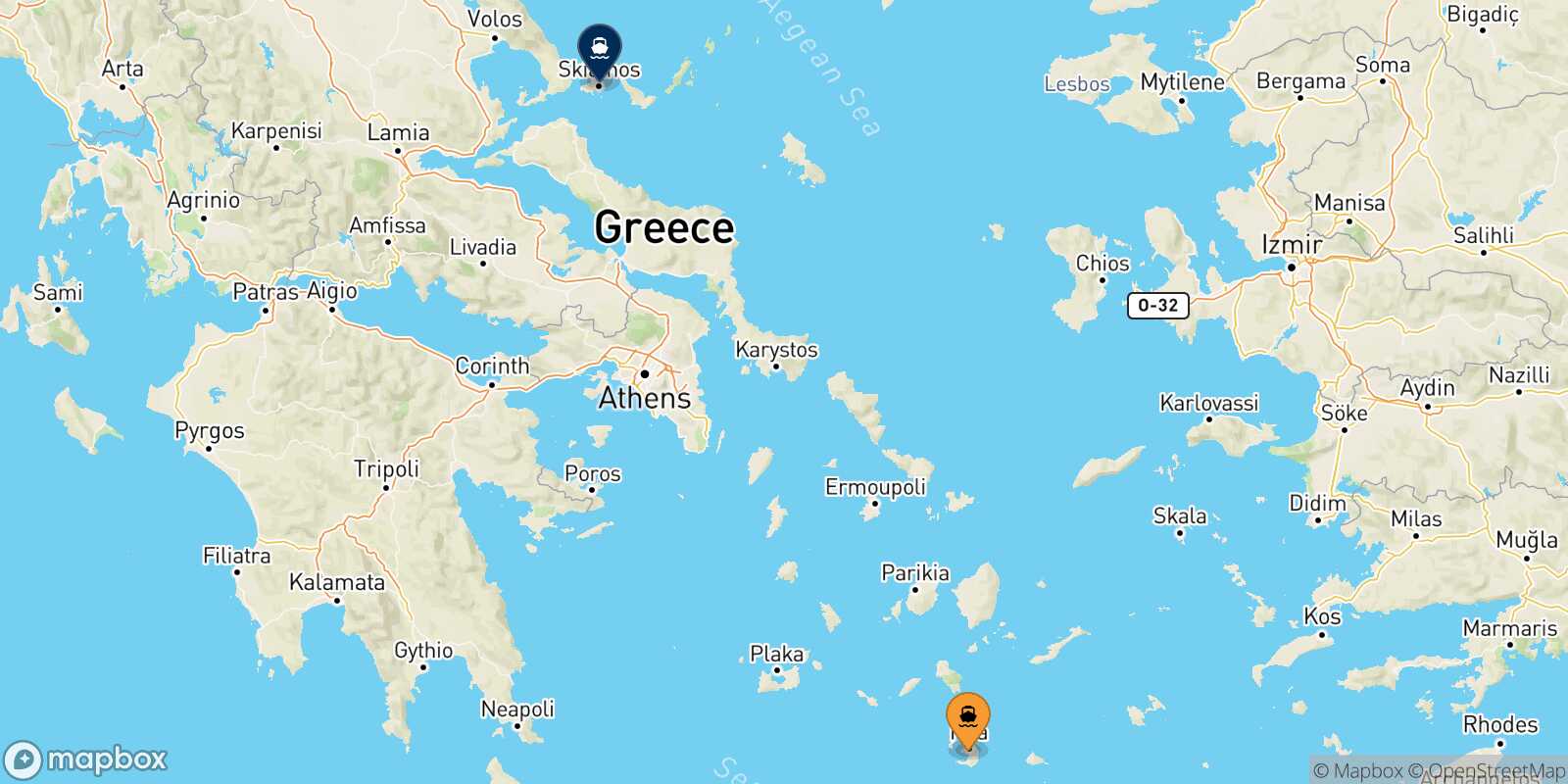 Mappa della rotta Santorini Skiathos