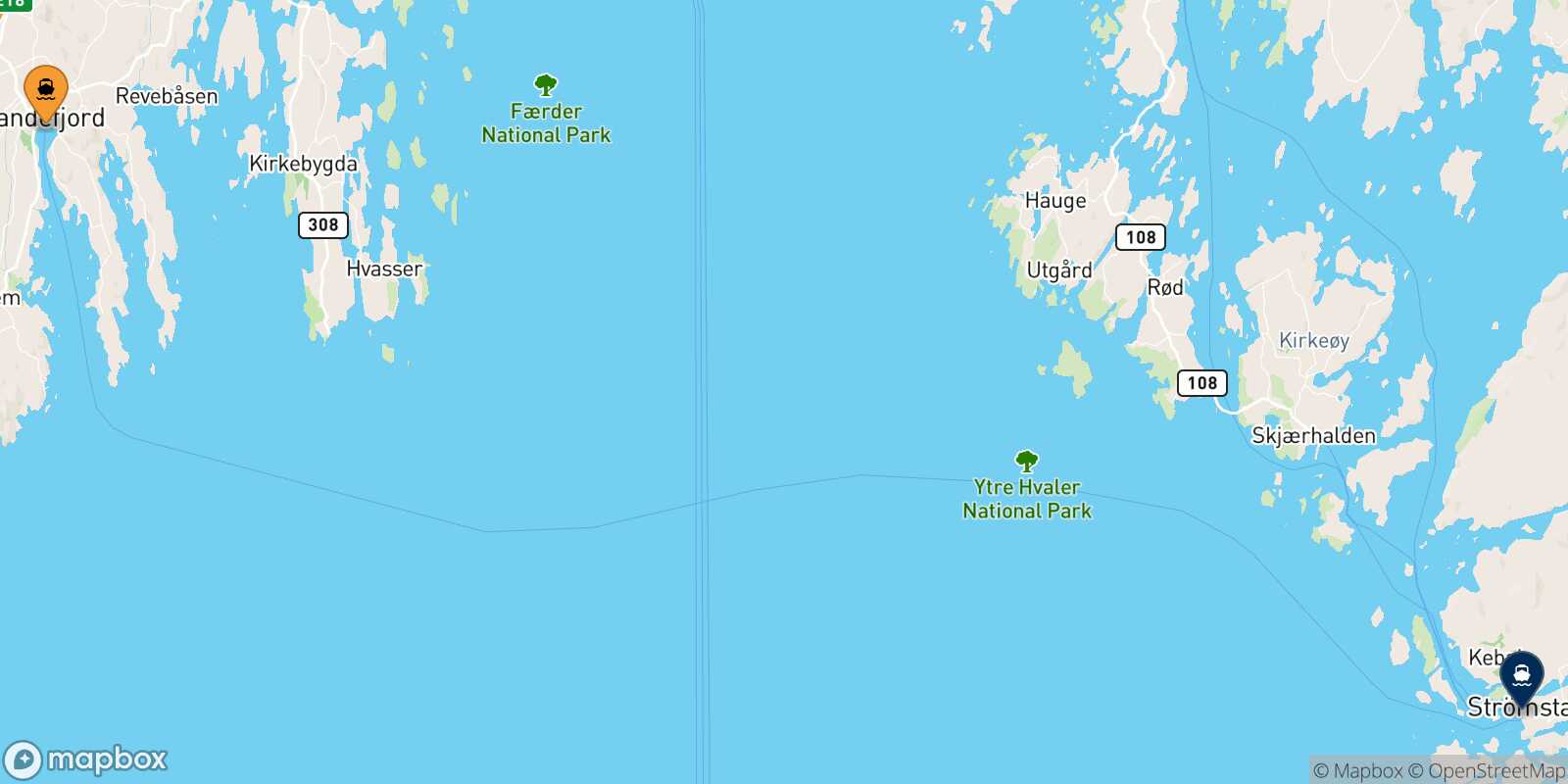 Mappa delle destinazioni raggiungibili da Sandefjord