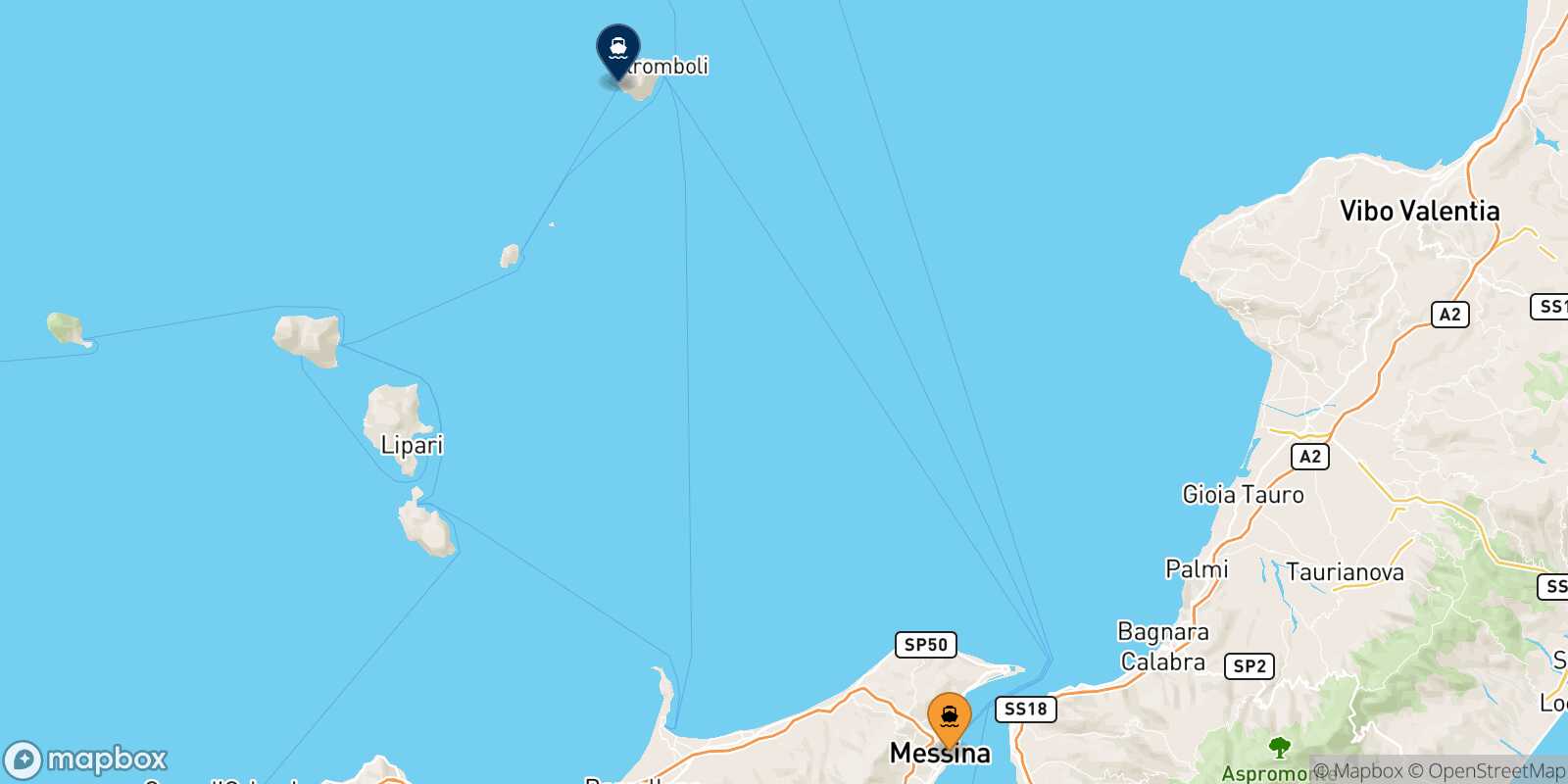 Mappa della rotta Messina Ginostra (Stromboli)