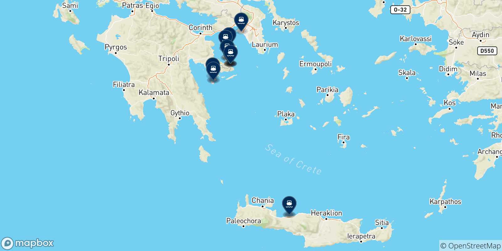 Mappa delle destinazioni raggiungibili dalle Isole Saroniche