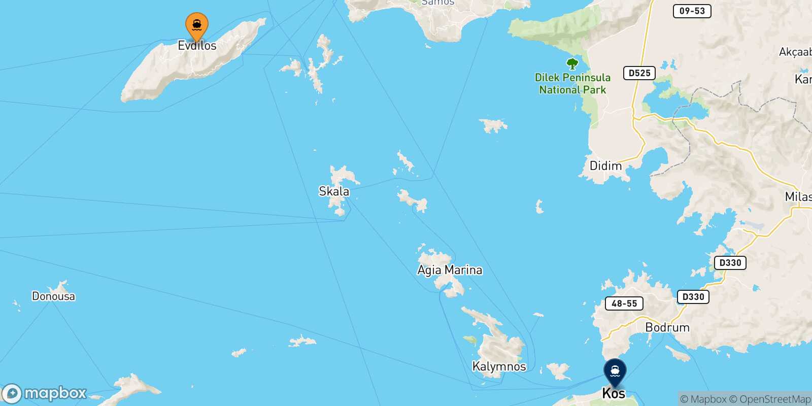 Mappa della rotta Evdilos (Ikaria) Kos