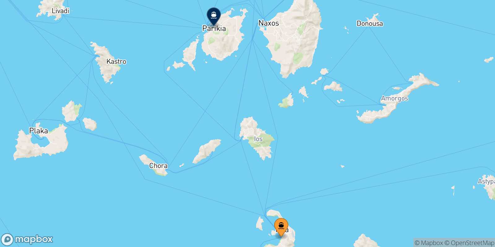 Mappa della rotta Santorini Paros