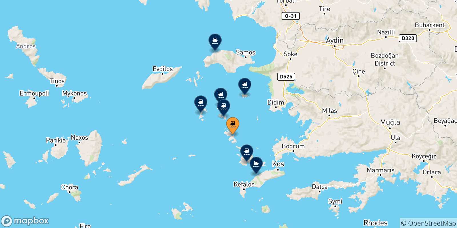 Mappa delle possibili rotte tra Agia Marina (Leros) e la Grecia