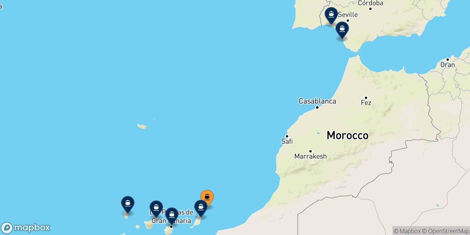 Mappa delle destinazioni raggiungibili da Arrecife (Lanzarote)