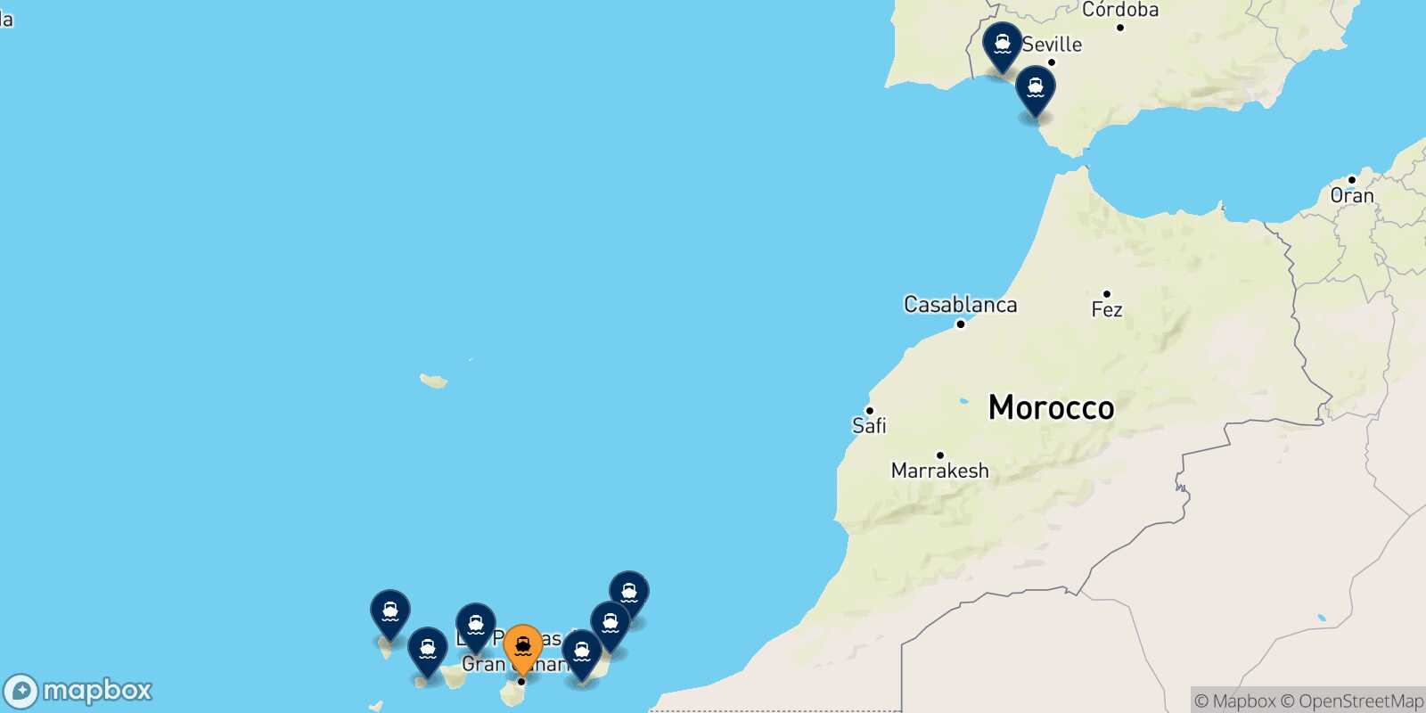 Mappa delle destinazioni raggiungibili da Las Palmas De Gran Canaria