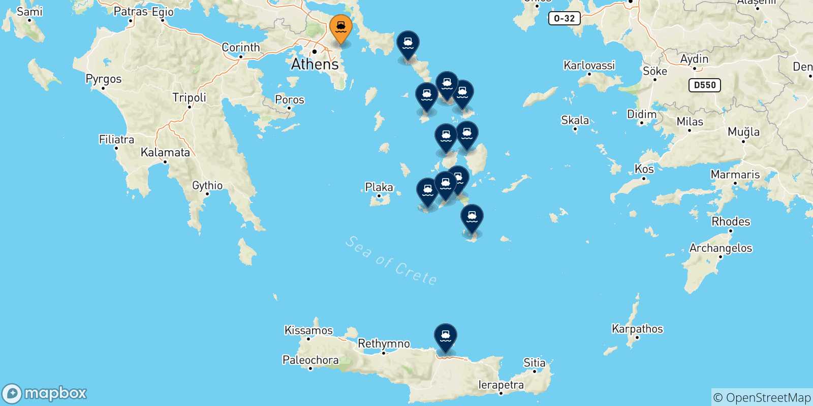 Mappa delle possibili rotte tra Rafina e la Grecia