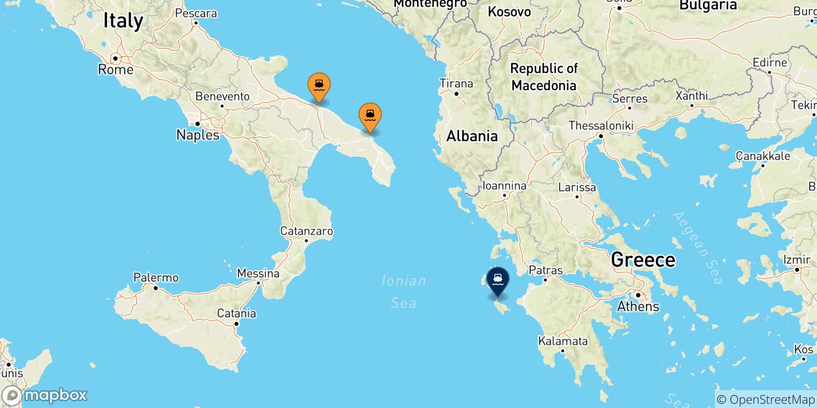 Mappa delle possibili rotte tra l'Italia e Zante