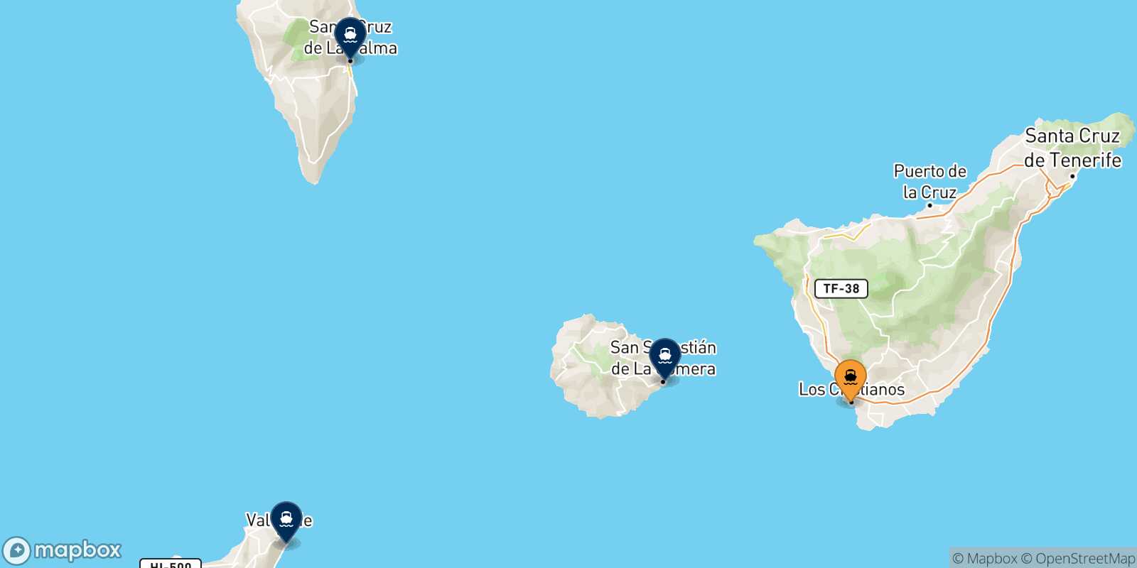 Mappa delle destinazioni raggiungibili da Los Cristianos (Tenerife)
