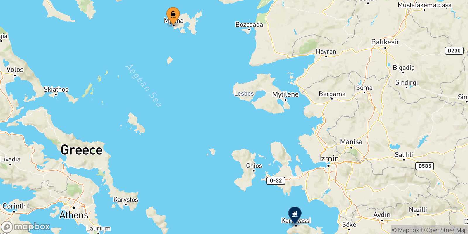 Mappa della rotta Mirina (Limnos) Karlovassi (Samos)