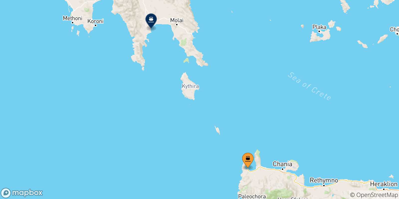 Mappa delle possibili rotte tra Creta e Gythio