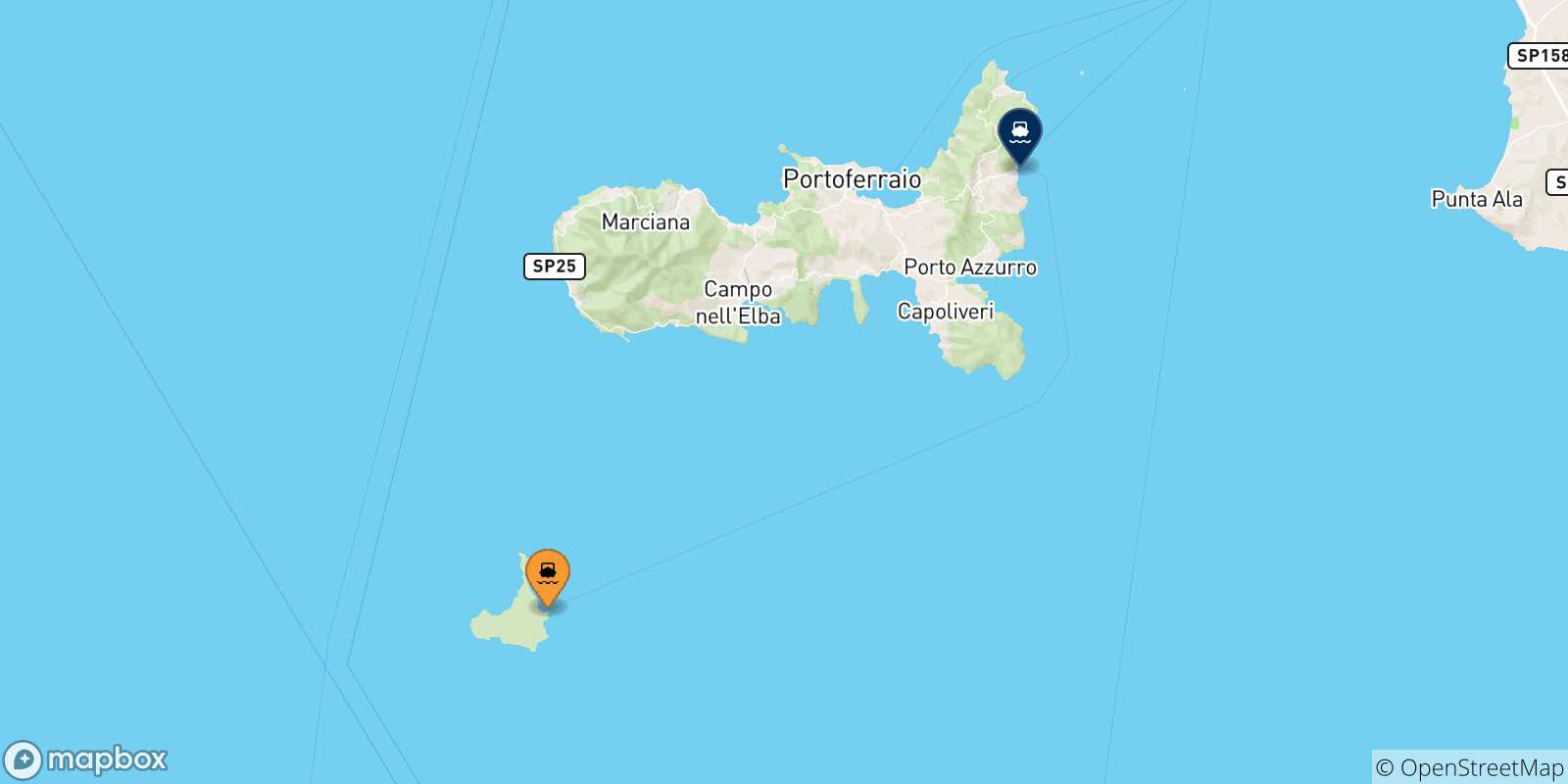 Mappa delle possibili rotte tra l'Isola Di Pianosa e l'Isola D'elba