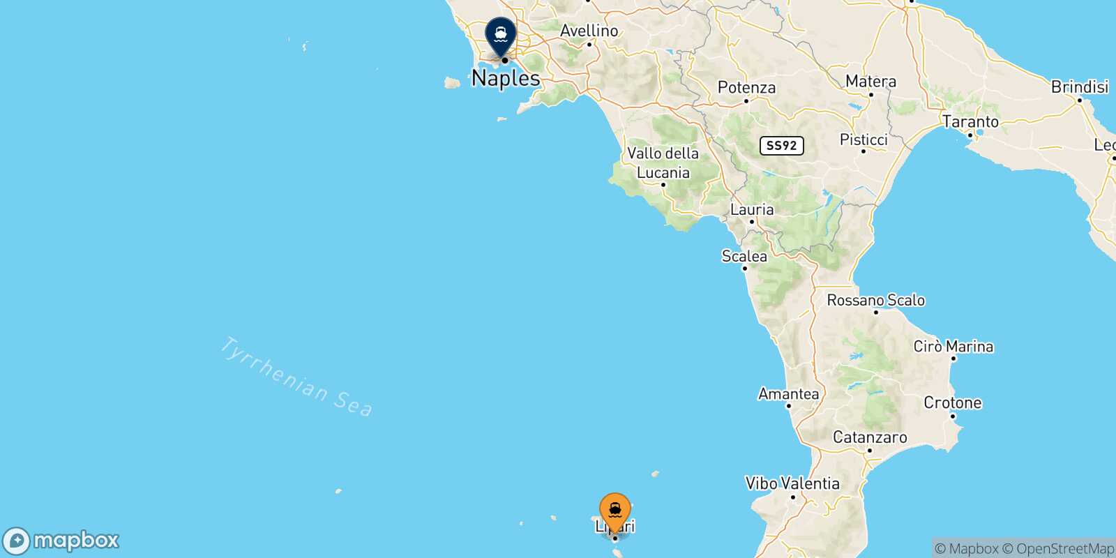 Mappa della rotta Lipari Napoli Mergellina